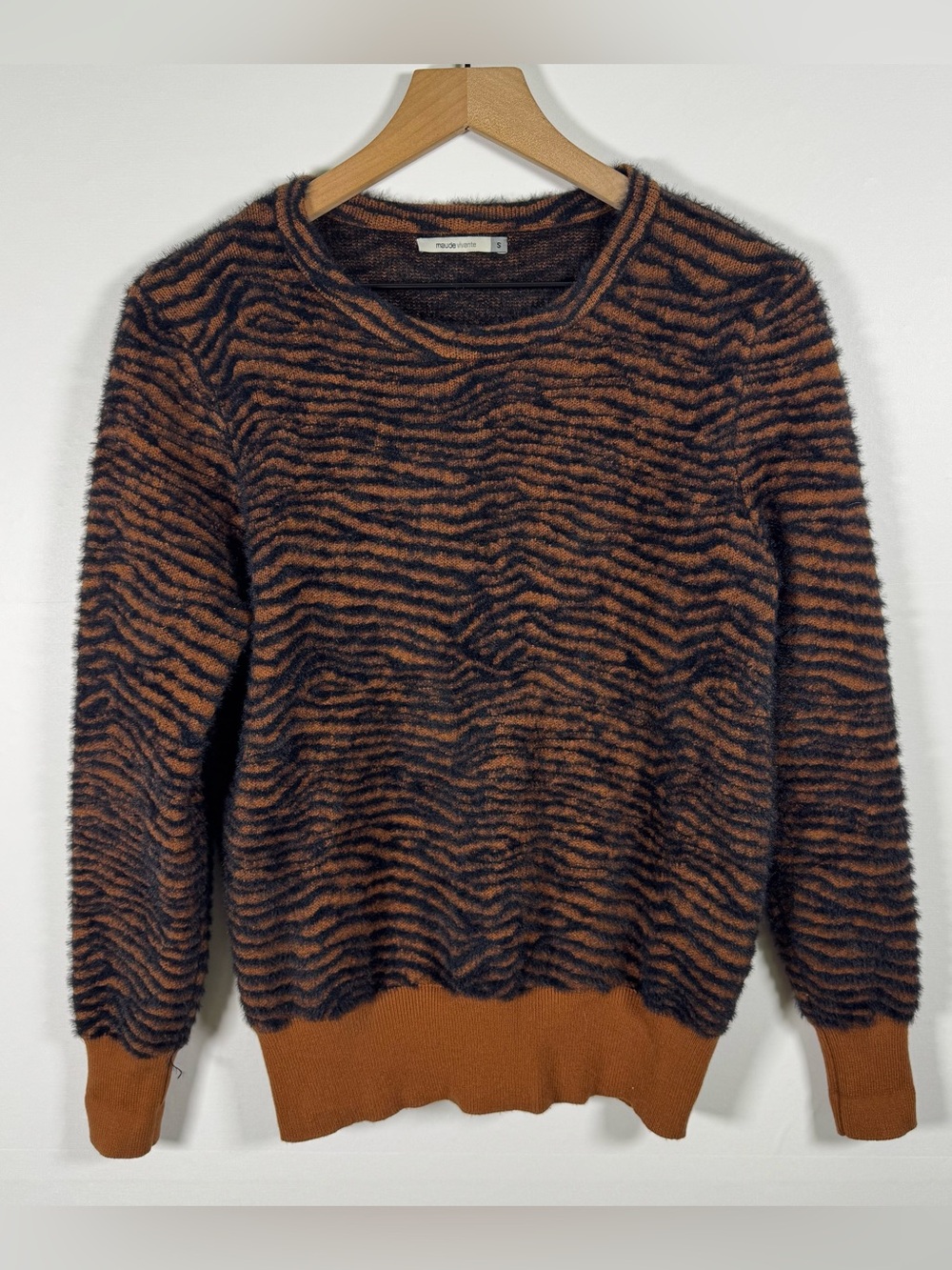Maude Vivante Tiger Print Fluffy Brown Long Sleeve Sweater Sz S